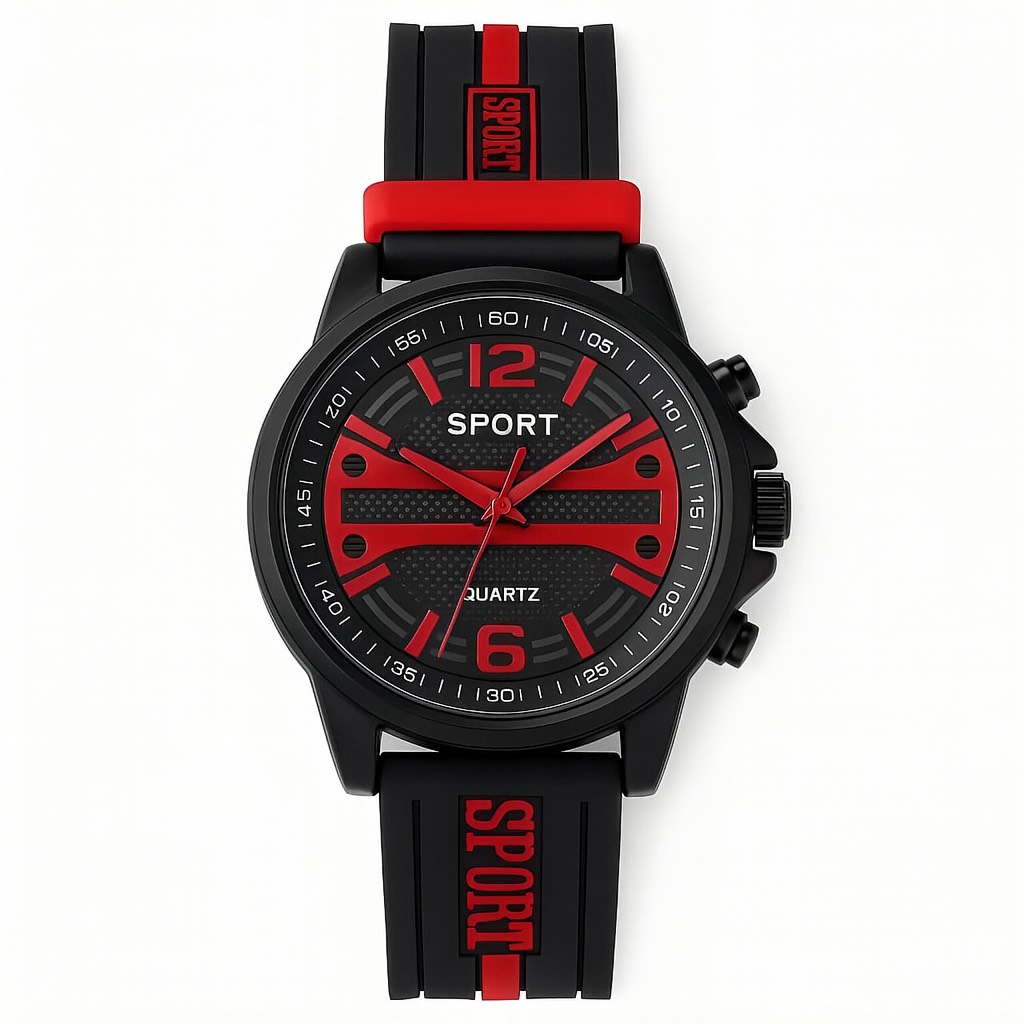 Black & Red Sport Quartz Watch – Bold Design, Everyday Power