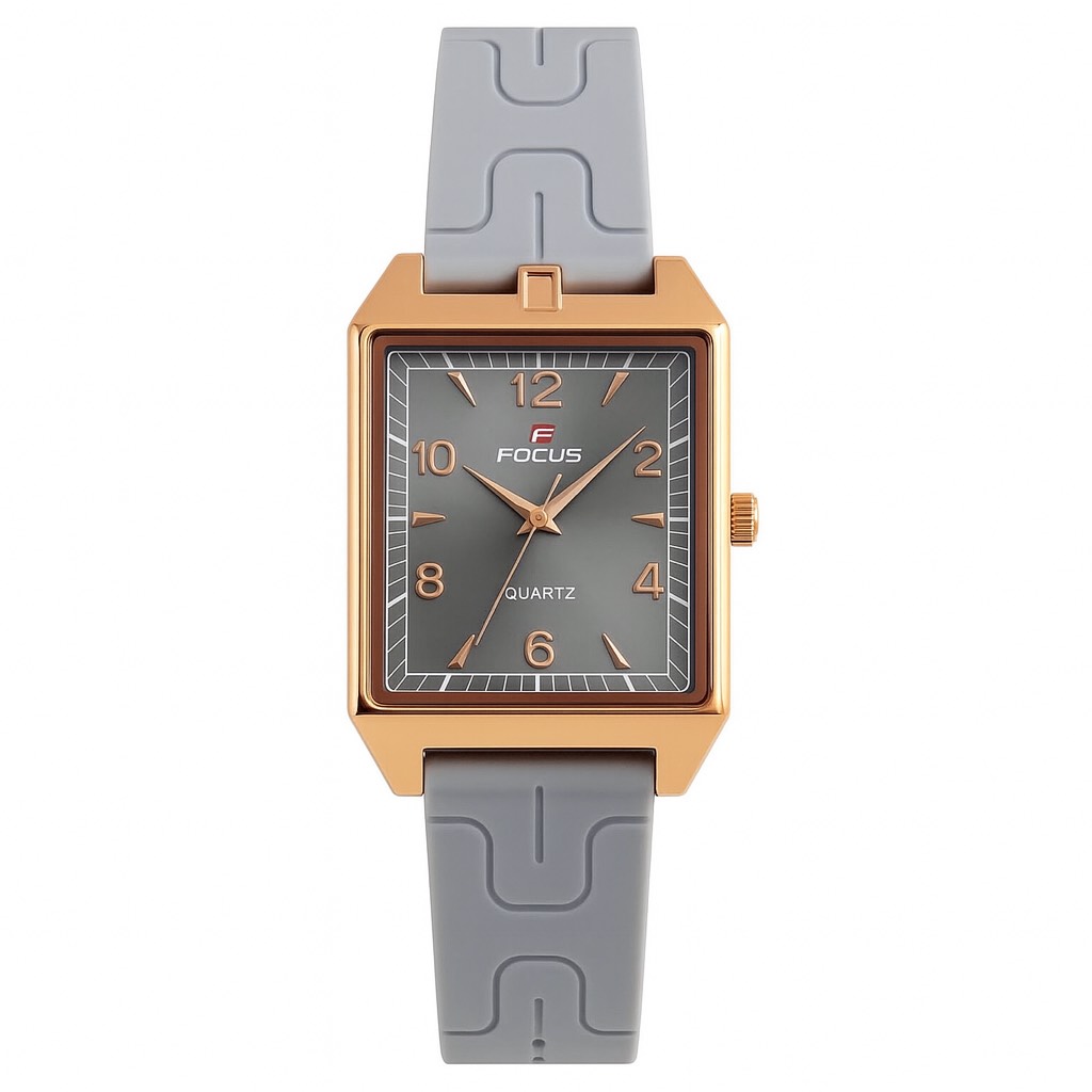 Focus Rose Gold Rectangular Watch – Modern Quartz with Grey Strap