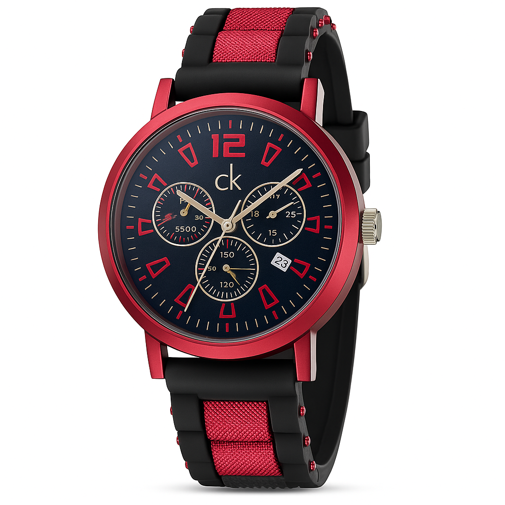 Calvin Klein Men’s Chronograph Watch – Red Case & Black-Red Strap