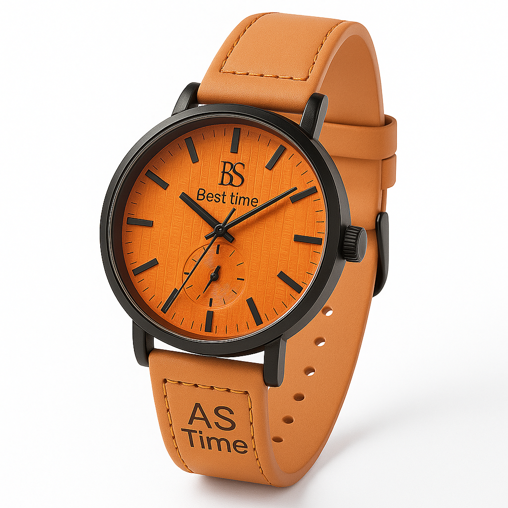 AS Time Men’s Leather Strap Watch – Classic Orange Dial
