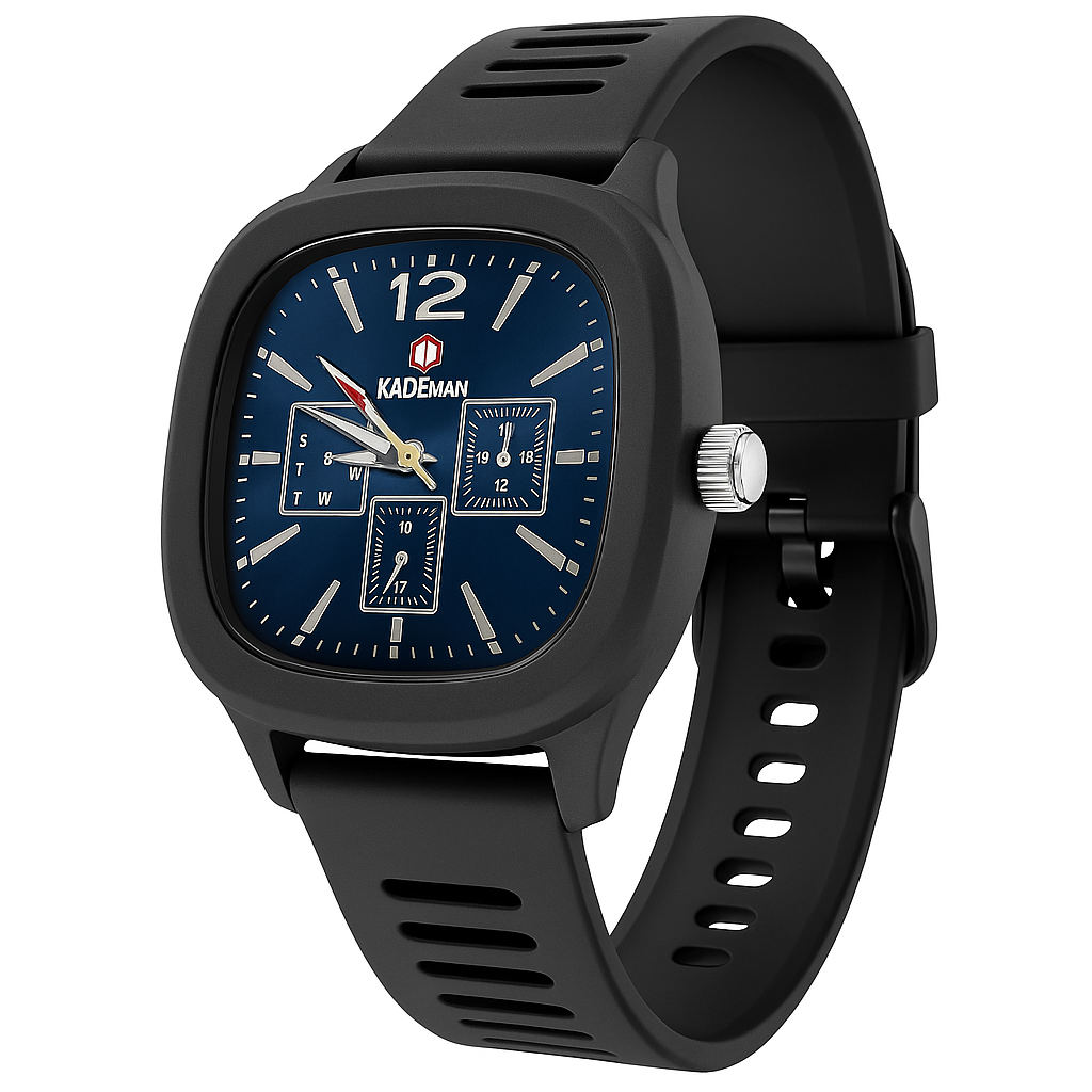 KADEMAN Men’s Luxury Chronograph Wristwatch – Black Silicone Strap & Blue Dial