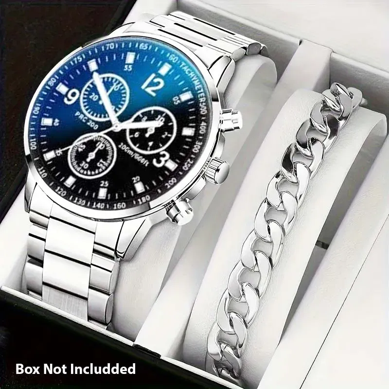Pack of 2 Fashion Mens Stainless Steel Watches Wristwatch Calendar Luminous Clock Men Business Casual Watch